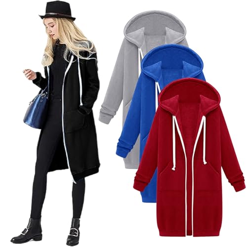 Women'S Long Zip Up Hoodies Black Xl - Long Sleeve Tunic Sweatshirts, Oversized Casual Fleece 2025 Fall Jacket Coat With Pockets, Lightweight Drawstring Zipper Cardigan Sweater, Winter Fashion Clothe