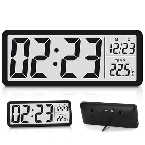 Reloj de pared digital, reloj de pared digital, reloj digital con números, temperatura, fecha, pantalla LCD, funciona con pilas, para salón, dormitorio, oficina, 12/24 horas (20,2 x 8 x 2 cm)
