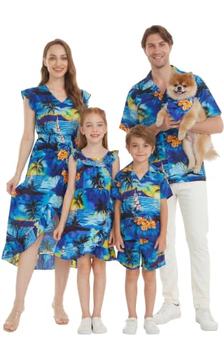 Image of Hawaii Hangover Family Matching Hawaiian Clothes, Sunset Blue | Family matching Hawaiian outfits, Sunset Blue, lightweight rayon, machine washable, tropical print, luaus, cruises