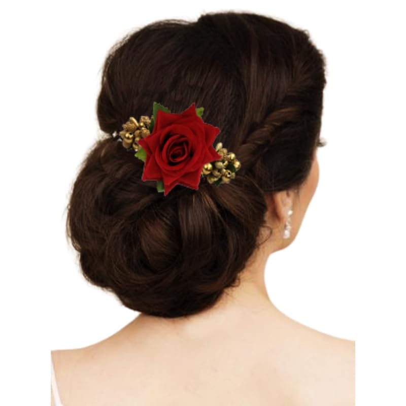 1 Rose Comb Slide Hair Pin, Hair Accessories for Women, Artificial Flowers Accessories For Women and Girls, 1941, Red