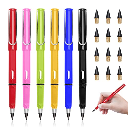 Cenitica Tintenlose Bleistifte Ewig,6 Stück Ewiger Bleistift mit 12 Stück Ersatzspitzen, Portable Everlasting Pencil,Wiederverwendbar mit Austauschbare Nachfüllungen Graphitstift Cover