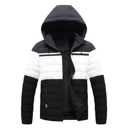 Qolkmuiy-GJ Men's Casual Puffer Waterproof Jacket Color Blocking Hooded Down Jackets Winter Thicken Cotton Coat with Hood (Black,Medium)