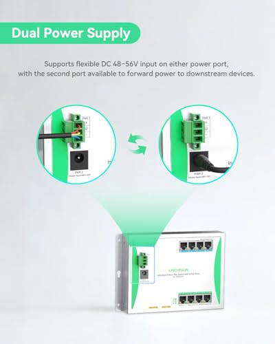 Image of LINOVISION Industrial 8-Port Flat PoE Switch with 4 802.3at PoE+ Ports, Front-Access Design, Dual Power Input, 120W Budget for IP Cameras in Electrical cabinets, Control Boxes, or Outdoor enclosures