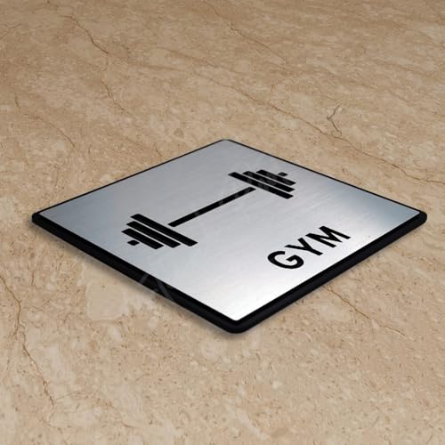 Image of Premium Brush Finish Square Silver Acrylic Gym Sign Easy to Mount Double Side Tape 5.8 Inch Signage Self-Adhesive for Clubhouse Gym Resort Hotel Fitness House Society