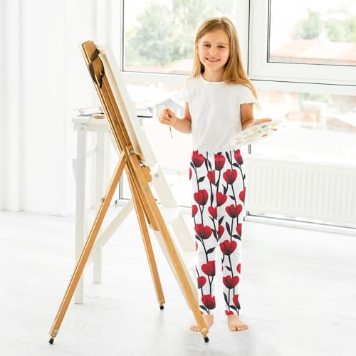 ALAZA Girls' Leggings Children's Yoga Pants Skinny Printed Dance Red Tulips White Comfortable 4T4