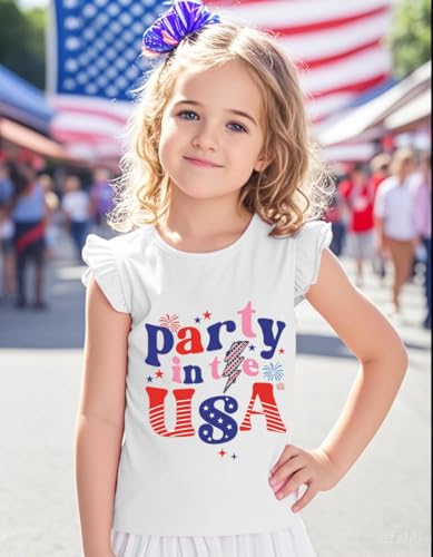 Image of Little Hand Girls 4th of July Shirt Toddler American Flag Shirts USA Flag Tee Kids Patriotic Ruffle Sleeve T-Shirt 2-7 Years