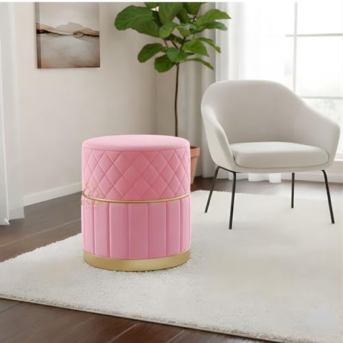 Image of Set of 2 Round Velvet Ottoman Footstool Gold Base - Tufted Upholstered Pouffe Stool for Living Room, Bedroom & Dressing Area (Baby Pink)