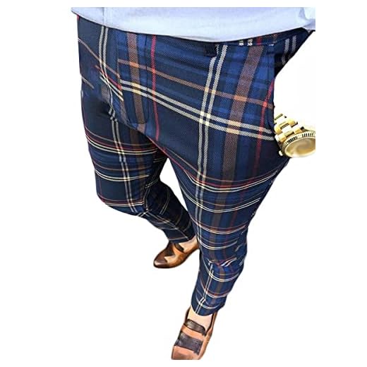 Onsoyours Hommes Chino Pantalon Cargo Slim Fit Rayé Mode Casual Élastique Pantalon à Carreaux Business Pantalon de Sport Taille Elastique Cordon Pantalons Chic A Bleu XL