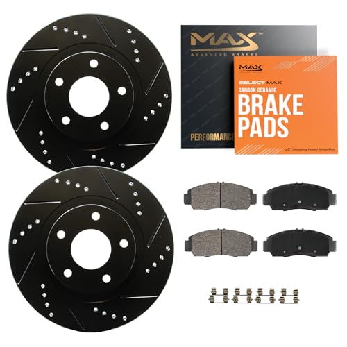 Image of Max Advanced Brakes Front Brake Kit Compatible With 2002 Nissan Sentra SE-R Spec V Replacement Drilled Slotted Black Coated Disc Brake Rotors and Ceramic Brake Pads