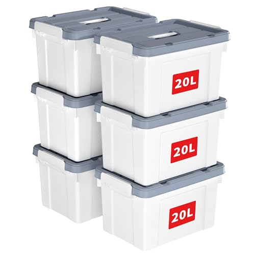Cetomo 20L*6 Caja de Almacenamiento con Asa, Caja de Plástico con Tapa y Cierre Seguro, Contenedor de Almacenamiento, Duradera, Apilable, Resistentes, Blanco, Paquete de 6 de 20L