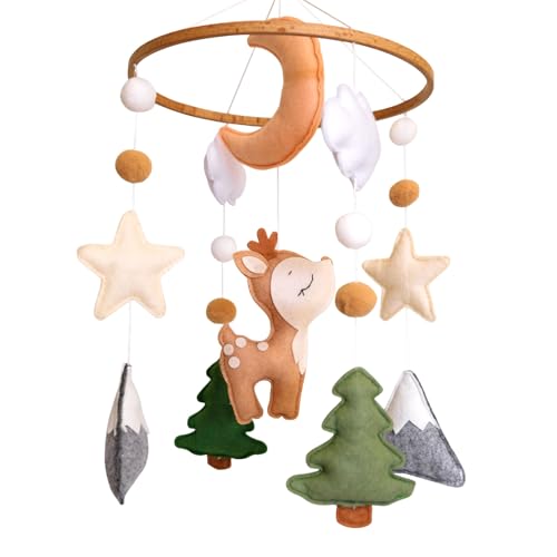 Image of Woodland Baby Crib Mobile, Deer Baby Mobile for Crib Boys & Girls, Fawn Nursery Mobile, Forest Theme Baby Nursery Decor, with Moon, Stars, Trees & Mountains