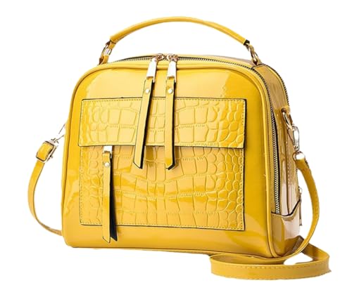 Bolsa de couro envernizado com vários bolsos, bolsa de ombro com estampa de pedra em toda a volta da bolsa transversal com zíper, Amarelo
