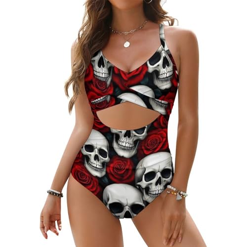 Floral Horror Rose Skull One Piece Swimsuits Tummy...