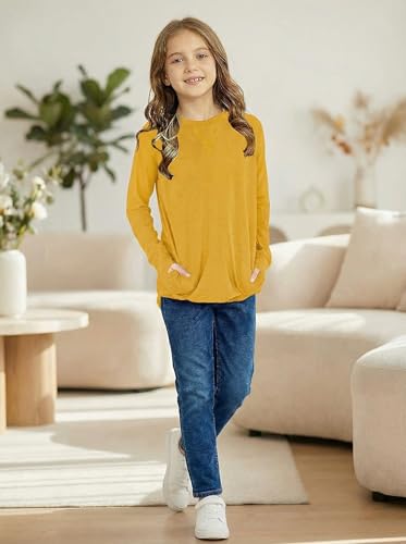 Image of SELINK Girl's Casual Big Kids Long Sleeve Striped Color Block Casual Tees with Pockets