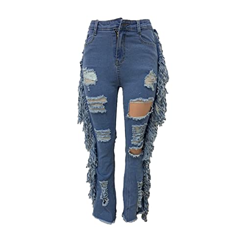 DGHM-JLMY Women's Ripped Fringed Denim Trousers Casual Side Tassel Long Denim Pants Skinny Frayed Destroyed Jeans Stretch