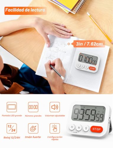 Temporizador de cocina digital LIORQUE de 2 piezas, reloj con imán y volumen regulable 3