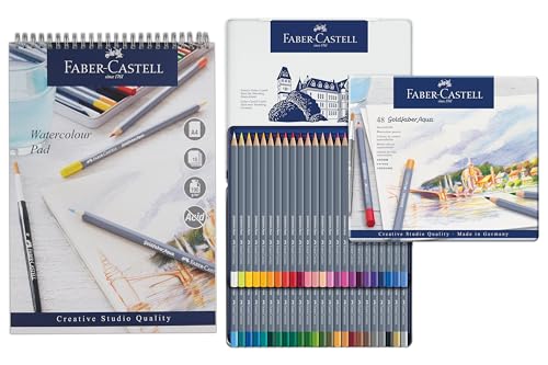 Faber-Castell Goldfaber - Lápices de acuarela, lata de 48 y bloc de acuarela, A4, papel encuadernado en espiral, 190 g/m², 15 hojas