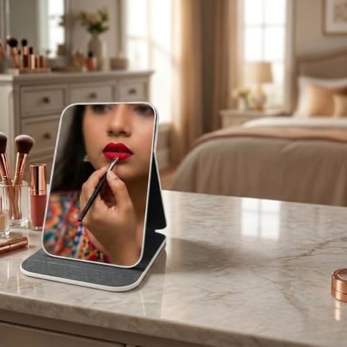 Image of Foldable Makeup Mirror with Adjustable Stand, Portable HD Vanity Mirror for Travel & Dressing Table, PU Leather Crocodile Pattern Compact Cosmetic Mirror for Women & Girls(16x11cm) (White)
