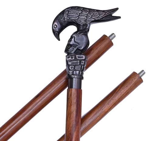 Handmade Vintage Raven Skull Walking Cane Hand Carved Wooden Gothic Style Walking Stick with Unique Handle for Men and Women
