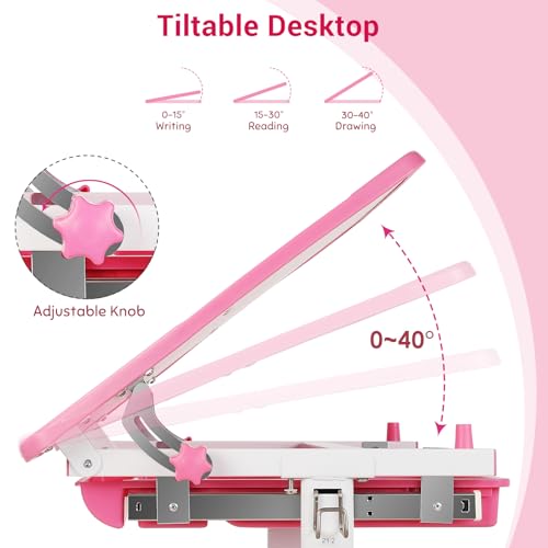 Clevich Kinderschreibtisch Höhenverstellbar, Kinder Schreibtisch und Stuhl Set mit Haken, Multifunktional Schülerschreibtisch Neigbare Tischplatte von 0-40° Schreibtisch Kinder für Zeichnen (Rosa)