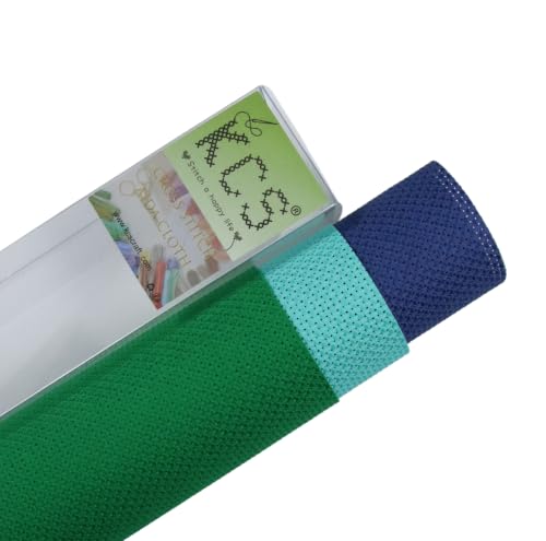 Image of KCS 3 pc of 15 inch x 18 inch(38cmx45cm) 14 Count Cross Stitch Cotton Aida Cloth Needlework Rolled Fabric Box,14CT,Green+Sea Green+Jeans Blue