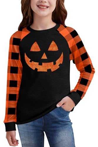 Image of BesserBay Girls Halloween Funny Plaid Graphic Shirt Long Sleeve Spooky Patchwork Raglan Top 5-14 Years