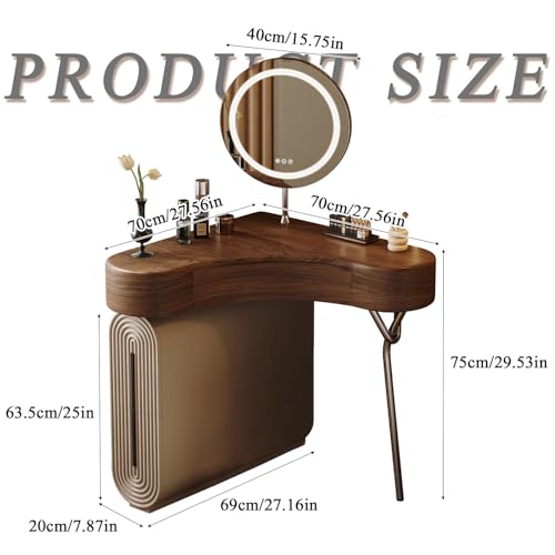 Tocador con espejo LED y 3 cajones de madera con taburete moderno 8