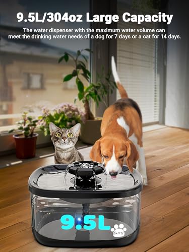 Kastty 2.5Gal/9.5L Dog Water Fountain 3 Flow Modes Cat Fountain with 2 Flower Spouts& 7" Larger Filter Super Filtration& Smart 3 in 1 LED Safe Pump, BPA-Free, Quiet for Large Dogs& Multi Pets(FS68)
