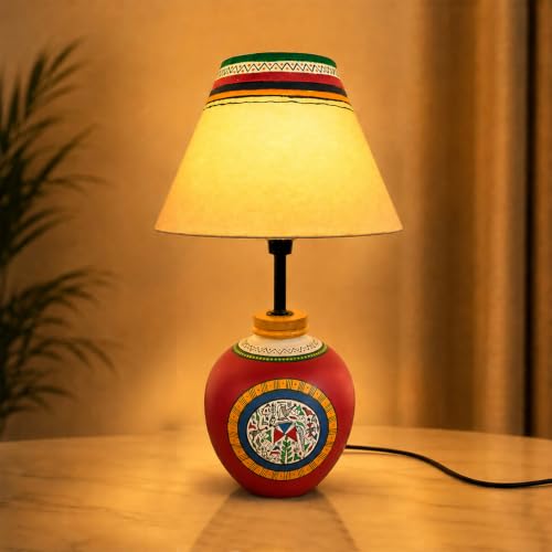 Image of Amazon Basics Warli Whispers Red Table Lamp | Hand-Painted Terracotta Kalash Base with Polyester Shade | E14 Holder | Decorative Night Lamp for Bedroom, Living Room & Study Room | Home Decor Gift