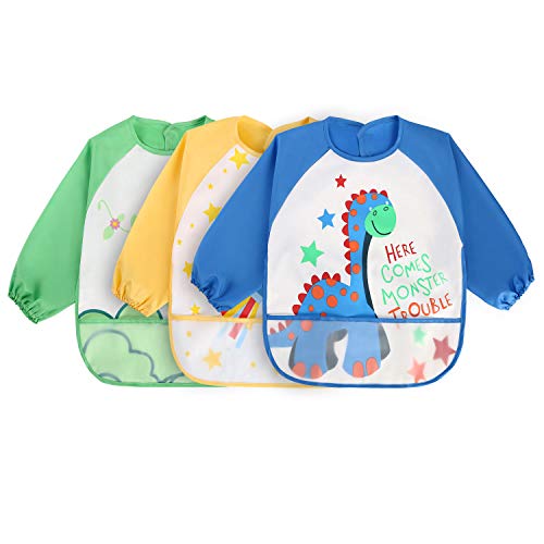 Vicloon Impermeable Manga Larga Bebé Babero,Conjunto De 3 Niños Artes Artesanales Pintura Delantal Con Diseño Exclusivo - Bolsillo Frontal Para Niños De 1 A 3 Años