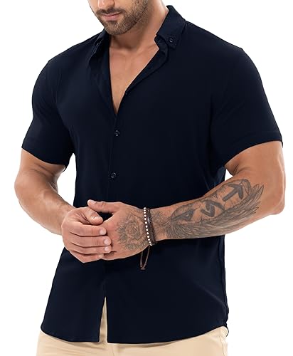 Askdeer Men's Muscle Fit Shirts Wrinkle-Free Short Sleeve Casual Shirt Stretch Slim Button Down Shirt4