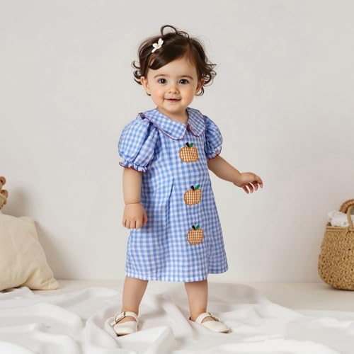 Toddler Baby Girls Dress Letter Apple Embroidery Plaid Doll Collar Short Sleeve Casual Dress Kid Summer Clothes 1-7Y4