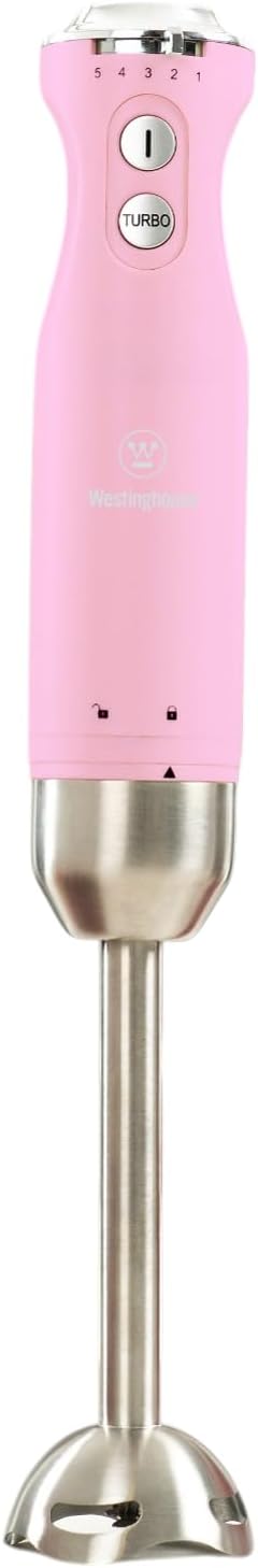 Westinghouse Hand Blender - 5-Speed Immersion Blender with Turbo Function, Stainless Steel Blades & Rod, 500W Power, Detachable Easy Clean Design, Best for Smoothies & Soups - Retro Appliance, Pink