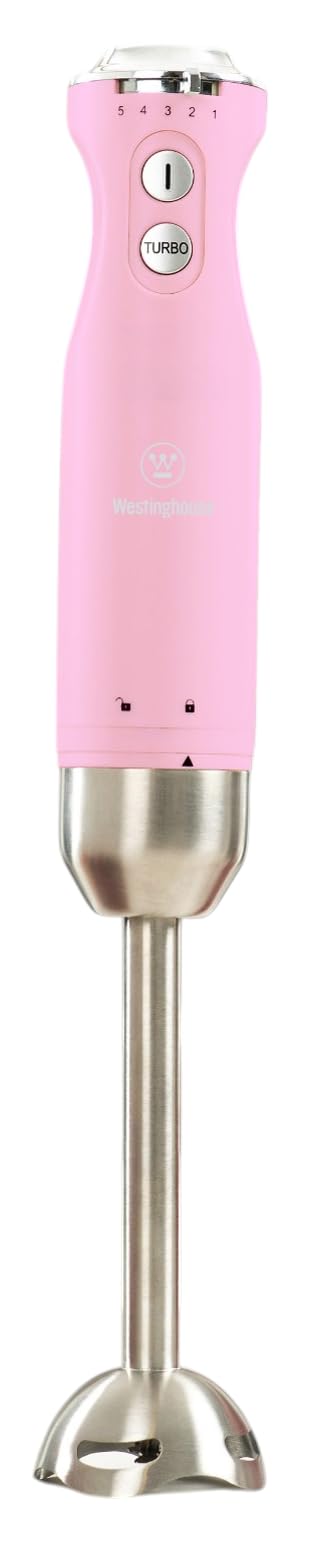 Westinghouse Hand Blender - 5-Speed Immersion Blender with Turbo Function, Stainless Steel Blade & Rod, 500W Power, Easy to Clean, Retro Kitchen Appliance for Smoothies & Soups, Pink
