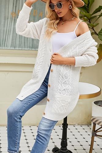 Image of Velius Women V Neck Button Down Cable Knit Open Cardigan Sweater with Pockets