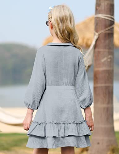Girls Dresses Size 10-12 Grey Girls Dress Cotton Tiered Swing V-Neck Button Down Dresses Kids Dress Lantern Sleeve Knee Length Dress Cute A-Line Girls Spring Summer Dresses Casual Girl Dress #TOP3