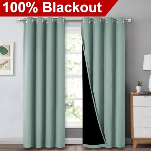 Image of NICETOWN 100% Blackout Curtains 84 inches Long, Seafoam Green, 52 inches Wide, Pair of Energy Smart & Noise Blocking Out Drapes for Baby Room Window, Thermal Insulated Guest Room Lined Window Dressing