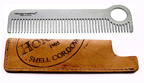 Chicago Comb Model 1 Stainless Steel + Horween Color No. 8 Shell Cordovan Sheath, Made in USA, Smooth, Durable, Anti-Static, 5.5 in. (14 cm) Long, Medium Tines, Ultimate Daily Use Comb, Gift Set