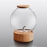 Glownary 5 Gallon Glass Beverage Dispenser with Cork Lid, Wood Base, Round Fishbowl Design, Brown, 9.1x12.5 Inch, Spigot for Drinks