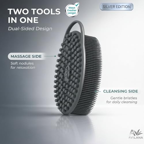 Image of Avilana Silver Edition Body Scrubber - Silver-Ion Infused Silicone Shower Brush, ISO Tested Dual Sided, Stays Fresher Longer, SGS Certified Gentle Exfoliating Loofah Alternative Sensitive Skin Women