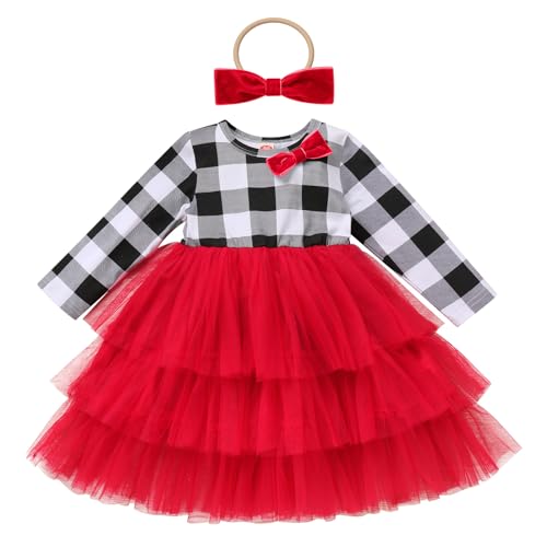 IDOPIP Toddler Baby Girls Christmas Plaid Tutu Dress with Headband Long Sleeve Princess Birthday Party Dresses Fall Winter Clothes 2PCS Kids Vintage Holiday Casual Dress Outfits White 2-3 Years