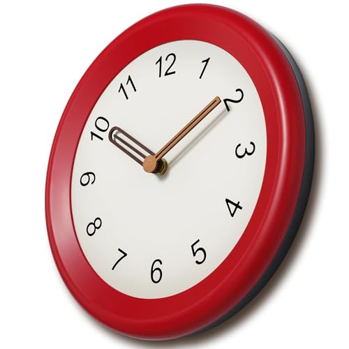 Image of Mosewa 10 Inch Red Wall Clock Silent Non-Ticking Quartz Battery Operated Analog Clock with Wood Hands, Easy to Read Minimalist Round Clock for Kitchen Living Room Bedroom Office