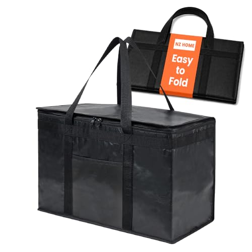 Image of NZ home Insulated Bags for Food Delivery (2XL PRO) Grocery Shopping Cooler Bag, Pizza Delivery, Hot & Cold Catering Tote, Reusable, Foldable & Heavy Duty (Black)