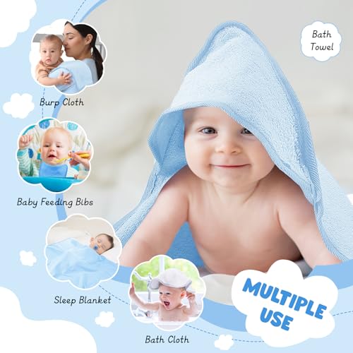 Image of CroBlissful 8 Pcs Muslin Baby Hooded Cotton Towels and Washcloths Sets Cotton Newborn Bath Towel Infant Baby Blankets Absorbent Unisex Newborn Registry Gift for Girls Boys(Blue Series)