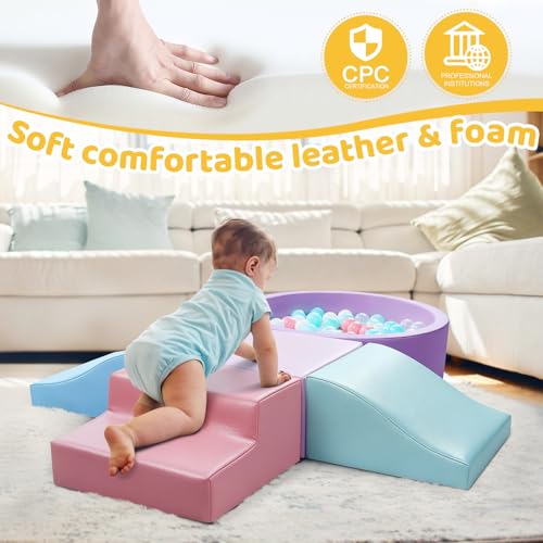 Image of Hoohtoot Foam Climbing Blocks for Toddler: with 4-Piece PU Leather Climbing Toys and a Ball Pit - Foam Ball Pit for Toddlers - Climbing Toys Indoor for Kids Crawling (Purple Climbing Blocks)