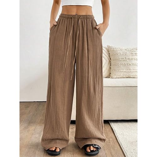 Women High Waisted Crinkle Straight Wide Leg Loose Casual Long Pants2