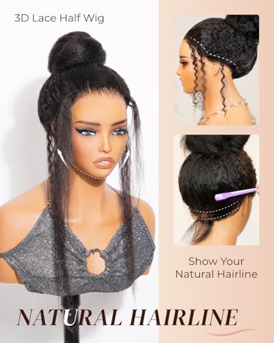 Image of Arabella 3 In 1 Half Wig Kinky Straight Upgraded Glueless Wigs HD Lace Human Hair Yaki Straight Invisible Hairline 210% Density 12A Wear & Go 3D Cap Seamless Drawstring Beginner Friendly 20 Inch