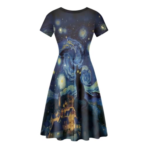 Image of HUGS IDEA Womens Puffy Swing Midi Dress Round Neck Short Sleeve Party A-Line Dresses
