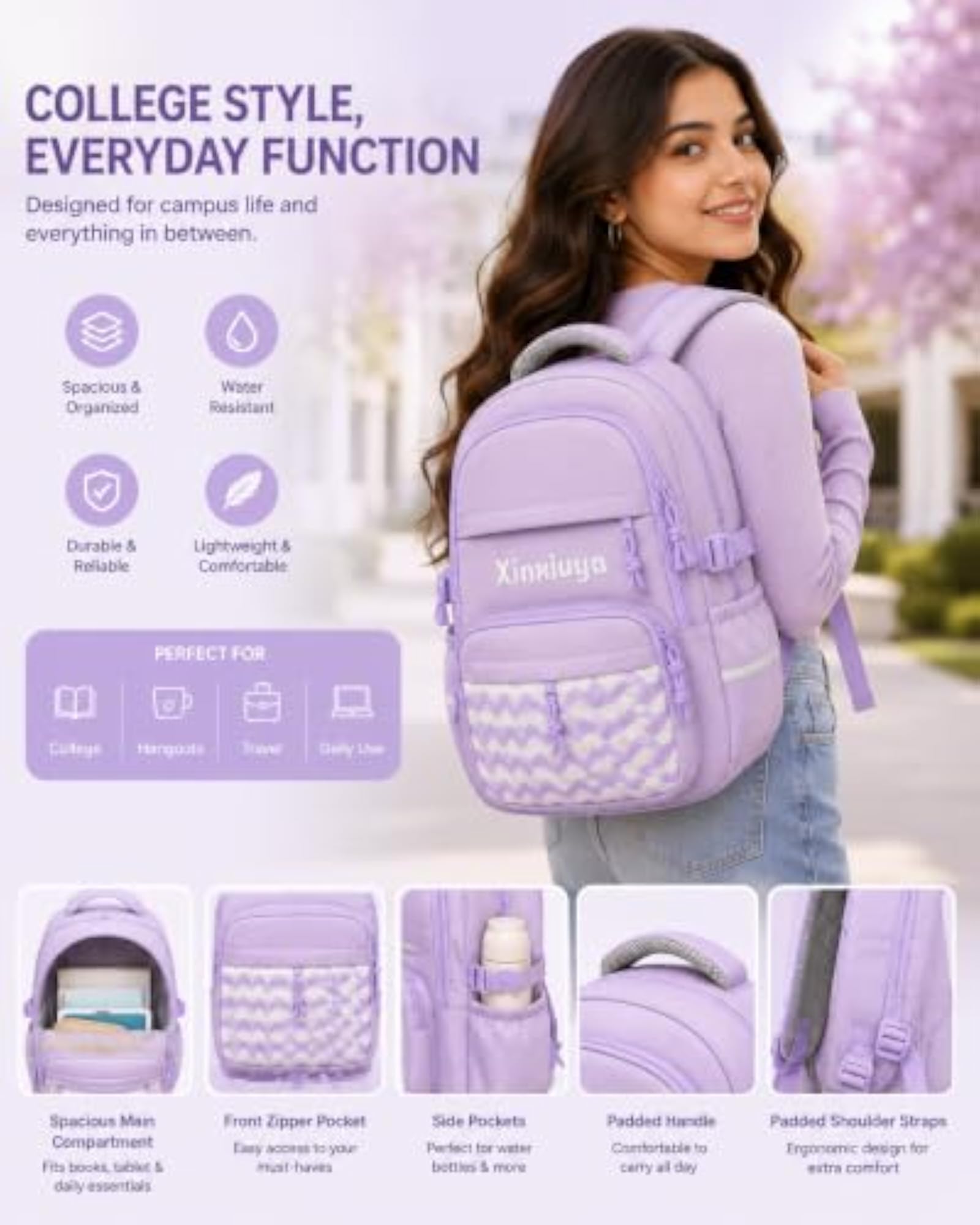 Stylish Backpack for Girls, 18 Inch Water Resistant School Bag