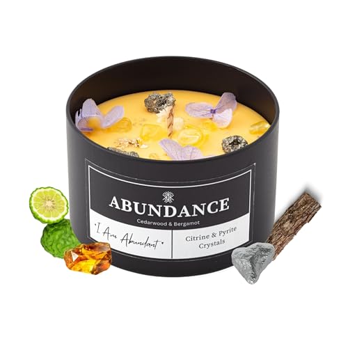 Abundance Crystal Candle Citrine & Pyrite Crystals for Wealth & Success. Infused Cedarwood & Bergamot Scented Manifestation Candle with Gold Leaf & Hydrangea. Spiritual Gifts for Women